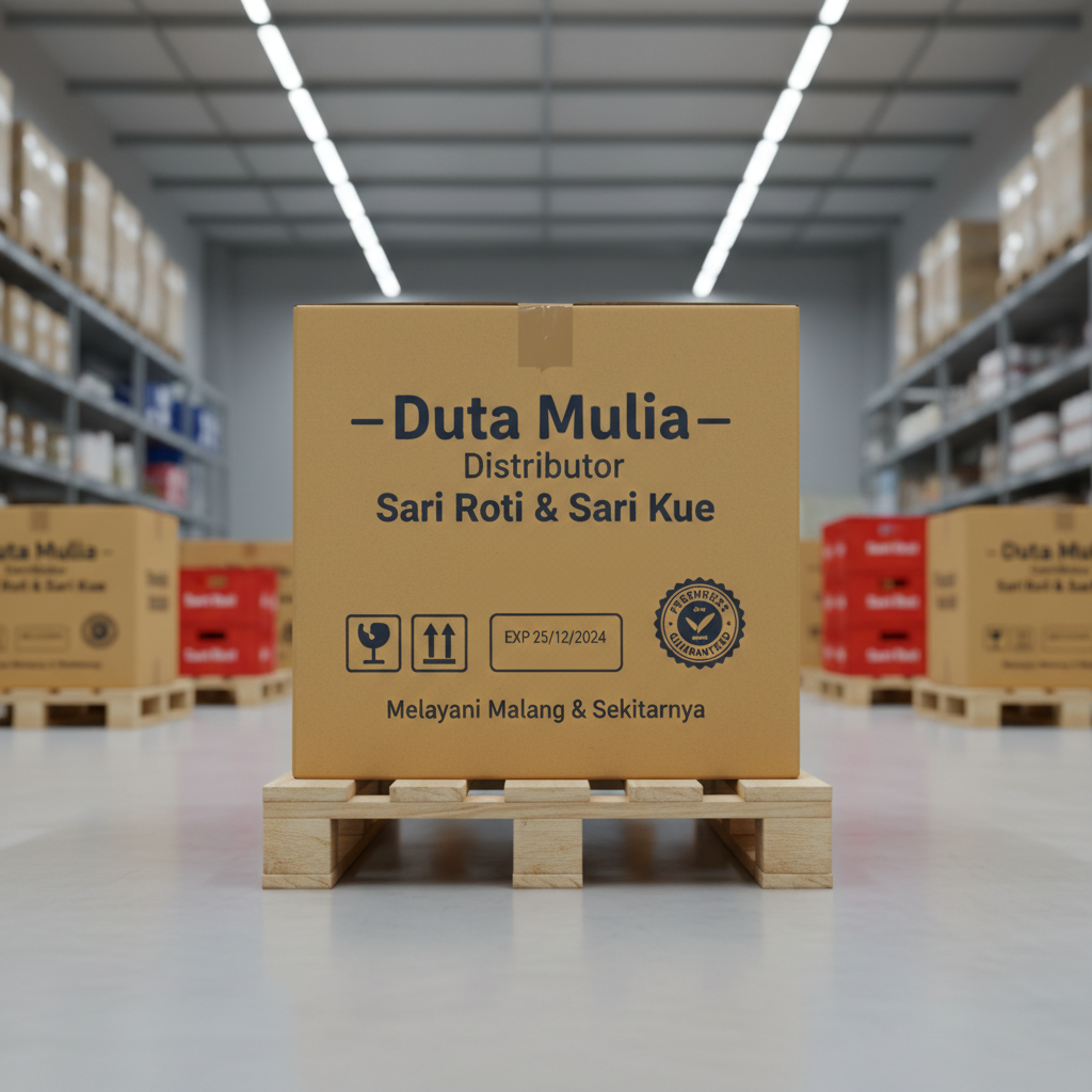 A focused, close-up shot of a sealed cardboard shipping carton printed with “Duta Mulia — Distributor Sari Roti & Sari Kue” in clean, modern typography, accompanied by clear handling and freshness labels. The carton rests on a tidy pallet in a spotless warehouse aisle, with more labeled boxes and faintly visible Sari Roti-branded crates stacked symmetrically in the background. Cool white overhead lighting casts soft, even illumination, creating crisp edges and subtle shadows beneath the box. Photographic realism, captured from a low, slightly angled perspective that emphasizes the logo and text, with a gentle depth of field blurring the distant racks. The mood is professional, dependable, and methodical, highlighting brand identity and the promise of fresh, on-time delivery across Malang and surrounding areas.