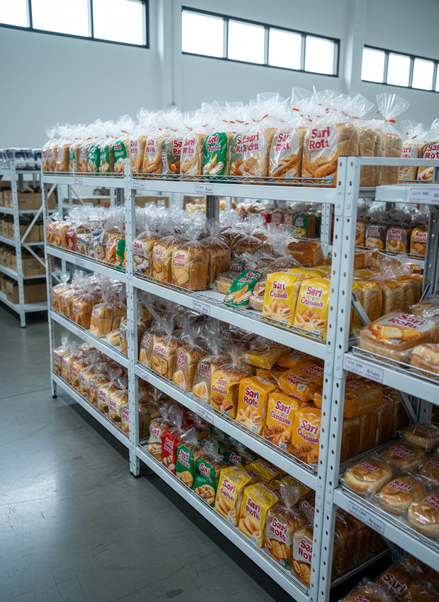 An organized display of assorted Sari Roti and Sari Kue products in pristine, colorful packaging, neatly stacked on clean white warehouse shelving. Each loaf of bread and pack of pastries shows clear branding and fresh, fluffy textures through transparent plastic. The scene is set in a bright, modern distribution space with smooth concrete floors and labeled storage racks fading softly into the background. Cool, diffused daylight enters from high windows, creating gentle, even illumination with subtle reflections on the plastic wrappers. Photographic realism, shot at eye level with a slightly wide angle and sharp focus throughout, conveying reliability, hygiene, and abundance in a clean and modern atmosphere.