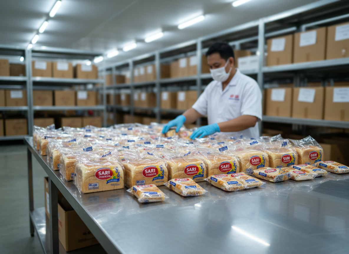 An immaculate stainless-steel preparation table in a distribution center, covered with carefully arranged Sari Roti loaves and Sari Kue snack packs being checked and sorted. Each product appears perfectly sealed, with crisp branding and vibrant colors, resting on a smooth, reflective surface. In the background, blurred rows of labeled storage racks and stacked crates reinforce an organized inventory system. Bright, neutral overhead lighting creates a hygienic, clinical clarity, emphasizing cleanliness and product integrity. Photographic realism, captured from a slightly elevated angle with selective focus on the foreground items, producing a light bokeh effect behind. The mood is precise, hygienic, and dependable, ideal for communicating quality control and attention to freshness in a modern distribution operation.