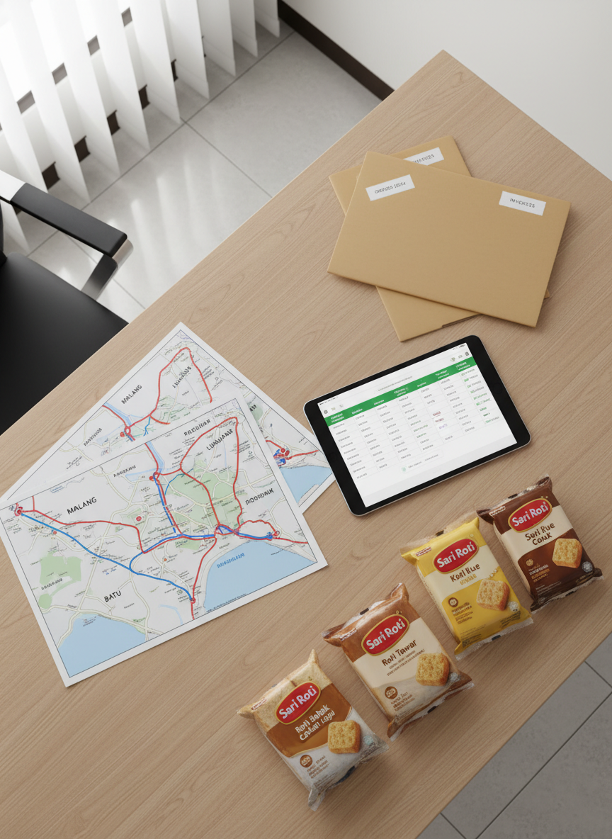An overhead, photographic view of a logistics planning desk in a distribution office, featuring printed route maps labeled for Malang and nearby regions, a digital tablet showing a delivery schedule, and several sample Sari Roti and Sari Kue packs laid neatly along the side. The desk surface is light oak, clean and uncluttered, with a few clearly marked folders for orders and invoices. Soft, diffused daylight from an unseen window produces an even, low-contrast illumination, minimizing harsh shadows and highlighting paper textures and glossy packaging. The composition uses asymmetrical balance, with focus on the intersection of maps and products, conveying strategic planning, punctual delivery, and organized service in a calm, modern, and trustworthy mood.