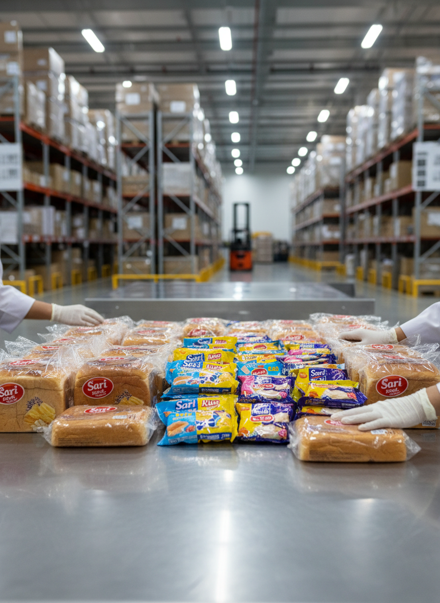 An immaculate stainless-steel preparation table in a distribution center, covered with carefully arranged Sari Roti loaves and Sari Kue snack packs being checked and sorted. Each product appears perfectly sealed, with crisp branding and vibrant colors, resting on a smooth, reflective surface. In the background, blurred rows of labeled storage racks and stacked crates reinforce an organized inventory system. Bright, neutral overhead lighting creates a hygienic, clinical clarity, emphasizing cleanliness and product integrity. Photographic realism, captured from a slightly elevated angle with selective focus on the foreground items, producing a light bokeh effect behind. The mood is precise, hygienic, and dependable, ideal for communicating quality control and attention to freshness in a modern distribution operation.
