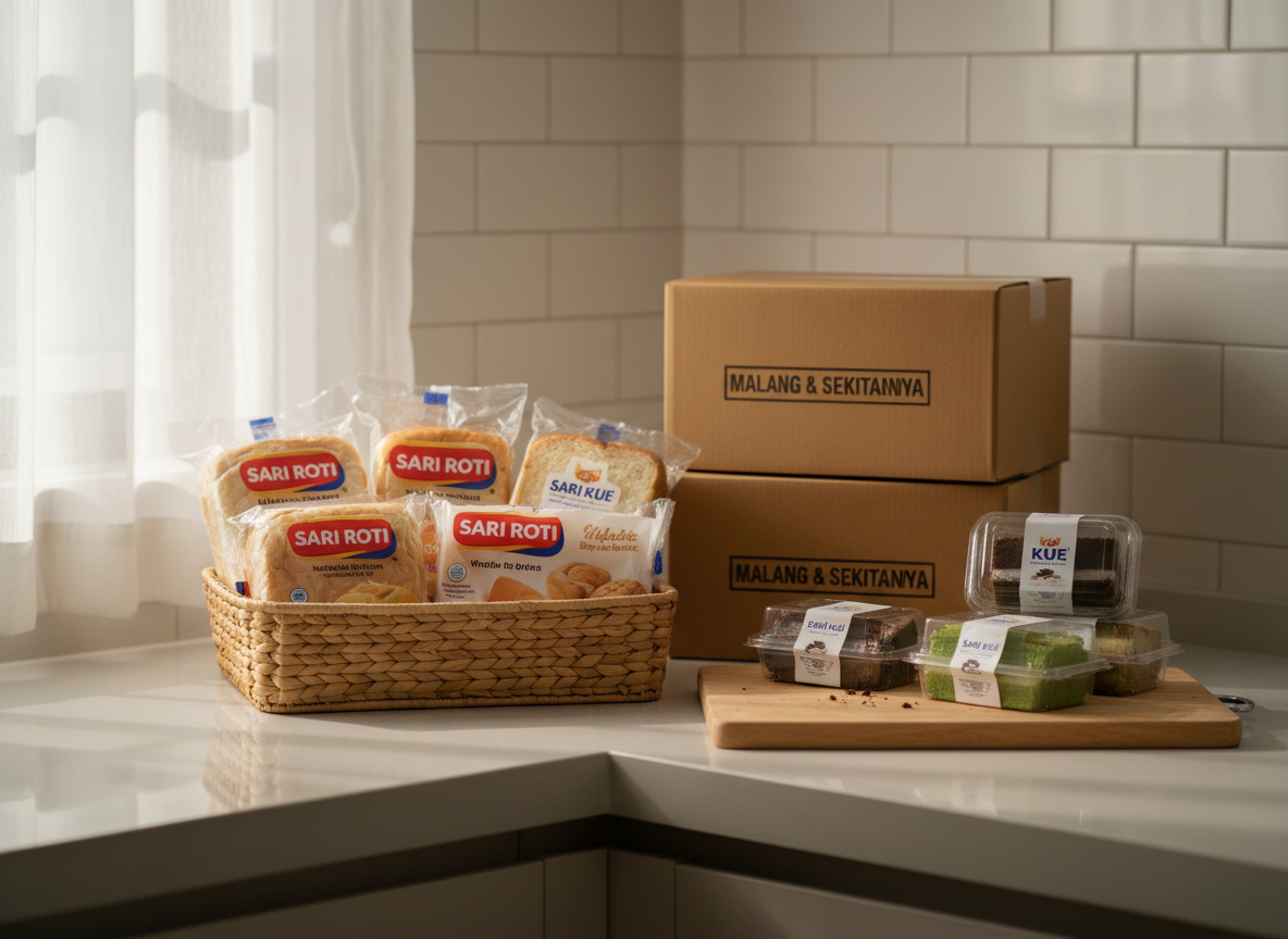 A carefully curated tabletop scene featuring a selection of Sari Roti and Sari Kue products arranged in a woven basket and on a smooth wooden board, suggesting ready-to-serve freshness. Each bread and cake pack is oriented to clearly show labels, with textures of soft bread and moist cake visible through transparent sections. The setting is a minimalist modern pantry corner with a light-colored countertop, a simple tiled backsplash, and a few neatly stacked delivery boxes labeled for Malang and surrounding areas. Soft window light from the side creates gentle highlights and delicate shadows, enhancing packaging details. Photographic realism, eye-level composition with shallow depth of field, creating a warm, trustworthy, and homely atmosphere that still feels professional and reliable.