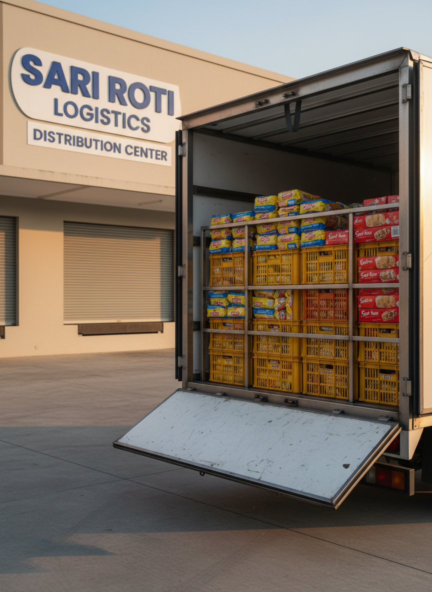 A close-up, photographic view of a Sari Roti delivery truck’s open cargo area, filled with neatly arranged crates of Sari Roti and Sari Kue products in vivid, intact packaging. The truck is parked on a smooth loading bay in front of a modest, well-maintained distribution warehouse marked with clear signage. Late afternoon natural light casts a warm, golden glow, creating soft shadows inside the truck and subtle highlights on the metal surfaces. The composition is framed from a three-quarter rear angle, emphasizing depth and orderliness. The mood is trustworthy and efficient, with clean lines, realistic textures, and a professional, modern logistics aesthetic supporting the idea of on-time, careful delivery.