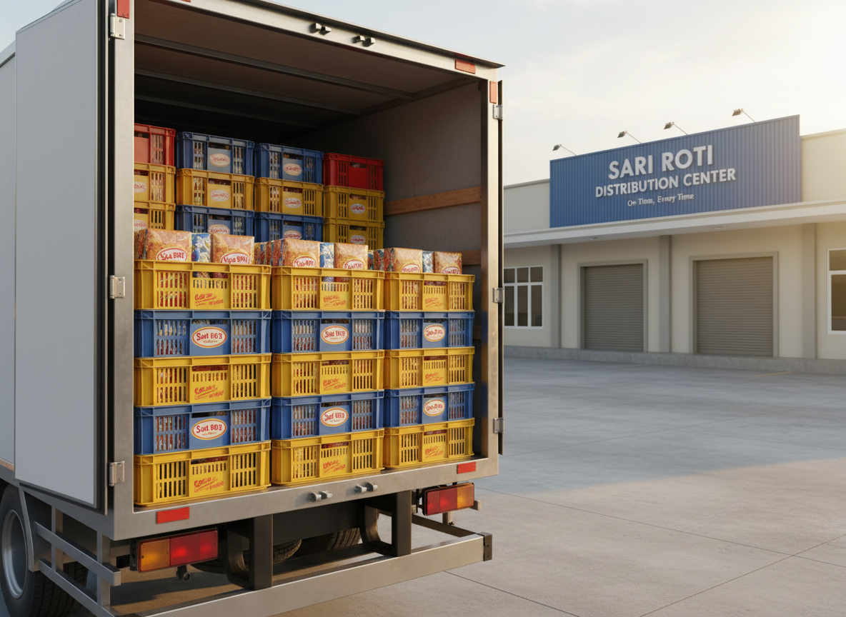 A close-up, photographic view of a Sari Roti delivery truck’s open cargo area, filled with neatly arranged crates of Sari Roti and Sari Kue products in vivid, intact packaging. The truck is parked on a smooth loading bay in front of a modest, well-maintained distribution warehouse marked with clear signage. Late afternoon natural light casts a warm, golden glow, creating soft shadows inside the truck and subtle highlights on the metal surfaces. The composition is framed from a three-quarter rear angle, emphasizing depth and orderliness. The mood is trustworthy and efficient, with clean lines, realistic textures, and a professional, modern logistics aesthetic supporting the idea of on-time, careful delivery.