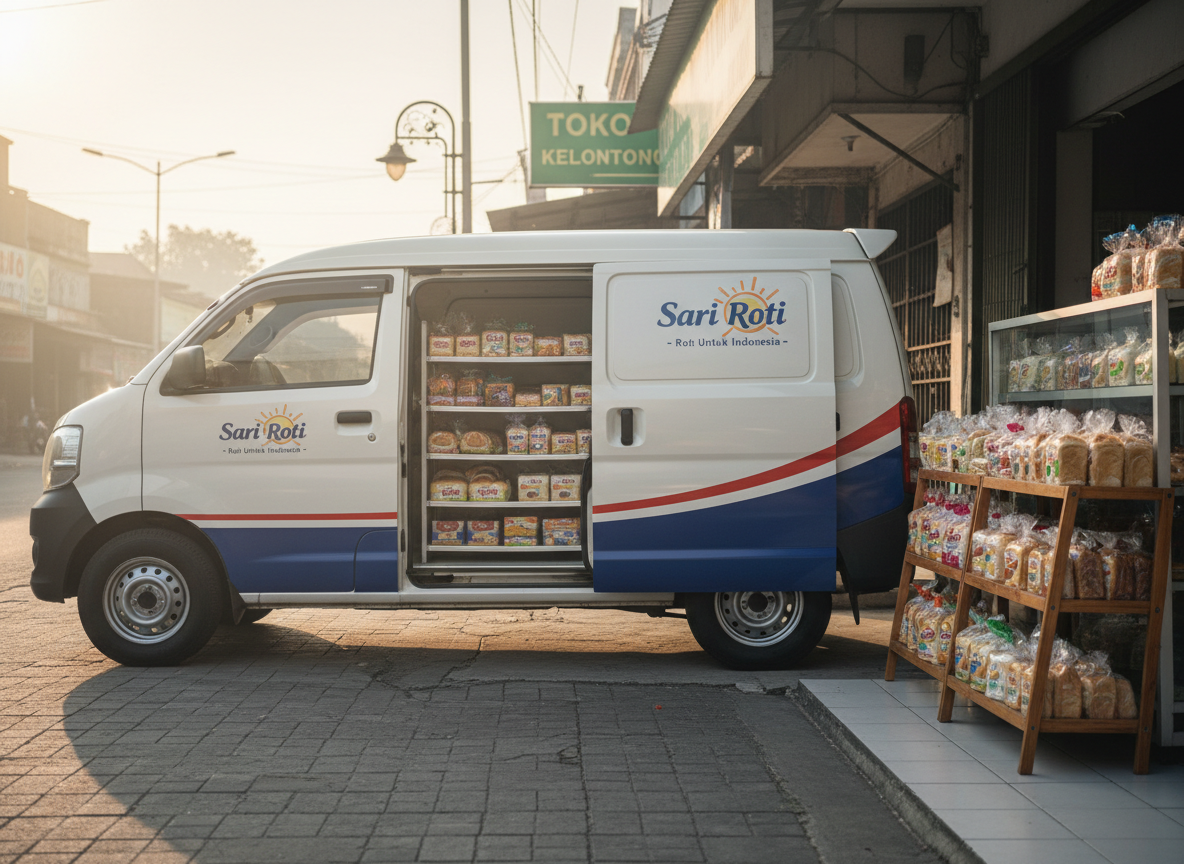An early-morning streetscape featuring a clean, compact Sari Roti-branded delivery van parked beside a small neighborhood minimarket in Malang, its side door open to reveal neatly stacked trays of bread and cakes. The minimarket façade shows orderly shelves through the glass, filled with additional Sari Roti and Sari Kue products. Soft, warm dawn light bathes the scene, creating long, gentle shadows and a calm, inviting atmosphere. Photographic realism, shot from a low, three-quarter front angle, using the rule of thirds to place the van prominently. Subtle background hints of Malang’s urban environment—simple shop signage, tiled sidewalks—are slightly blurred, keeping focus on timely, community-focused distribution and accessibility.